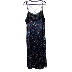 Amoureuse Satin Floor Length Nightgown / Slip Dress Black Floral & Lace Sz 1X